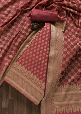 Onion Pink Zariwork Banarasi Unstitched Salwar Suit -Salwar Suit One Size women's fashion mart