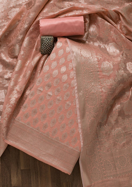 Peach Zariwork Banarasi Unstitched Salwar Suit -Salwar Suit One Size women's fashion mart