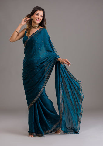 Peacock Blue Swarovski Semi Crepe Designer Saree -Saree One Size women's fashion mart