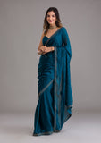 Peacock Blue Swarovski Semi Crepe Designer Saree -Saree One Size women's fashion mart