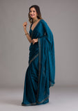 Peacock Blue Swarovski Semi Crepe Designer Saree -Saree One Size women's fashion mart