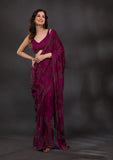 Wine Stonework Satin Designer Saree -Saree One Size women's fashion mart