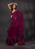 Wine Stonework Satin Designer Saree -Saree One Size women's fashion mart