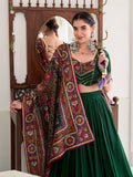 Green Color Gamthi Print And Embossed Design Tussar Silk Lehenga Choli