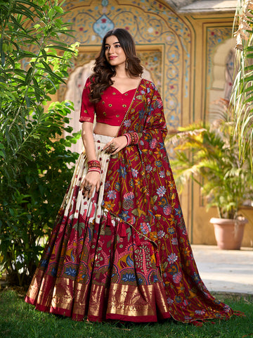 Off White Color Kalamkari Print With Foil Work Tussar Silk Lehenga Choli - women's fashion mart