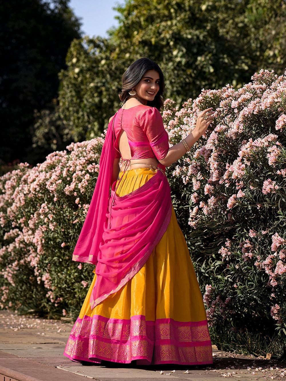 Mustard Color Zari Weaving Work Kanchipuram South Indian Lehenga Choli -south culture Unstitched / Semi-Stitched women's fashion mart