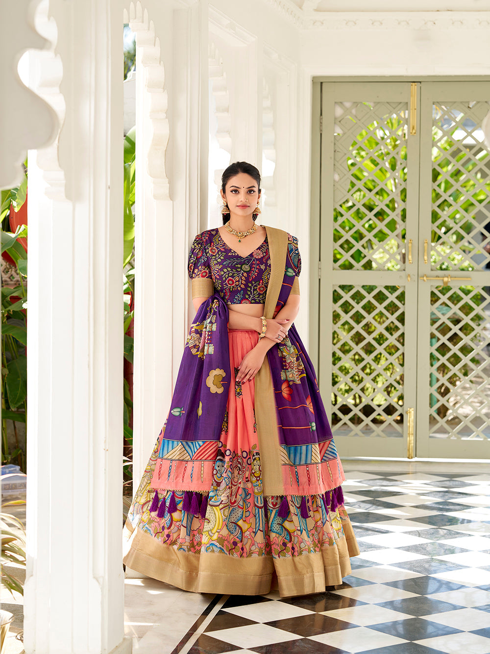 Peach Color Kalamkari Print With Weaving Border Dola Silk Lehenga Choli - women's fashion mart