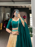 Teal Color Printed With Lace Green Silk Lehenga Choli - women's fashion mart