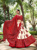 Red Color Bandhej Printed Tussar Silk Traditional Wear Lehenga Choli -gujrati collection Unstitched / Semi-Stitched / Semi-Stitched women's fashion mart
