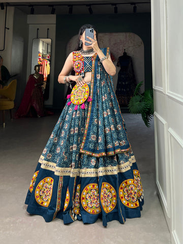 Teal Color Printed With Foil And Gamthi Work Rayon Chaniya Choli By Looknbook Art - women's fashion mart