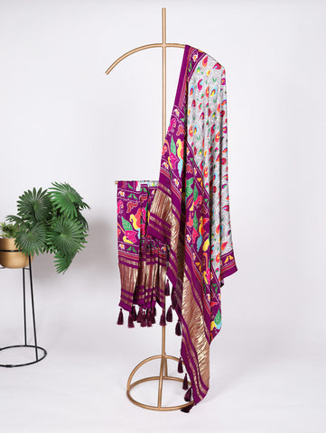 Grey Color Digital Print And Lagadi Patta Gaji Silk Dupatta - women's fashion mart