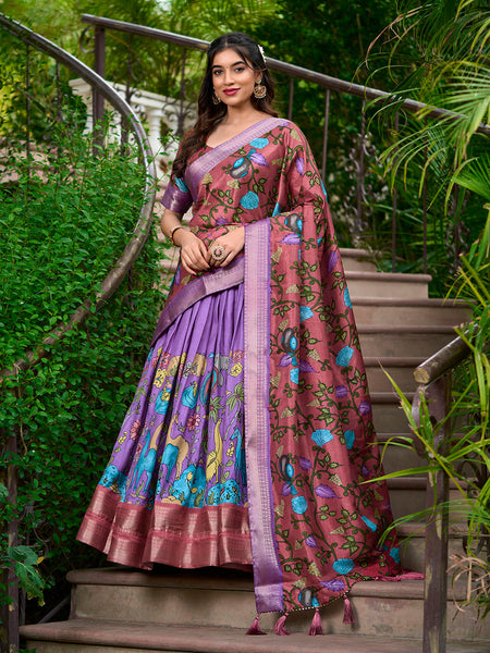Lavender Color Kalamkari Print With Zari Weaving Dola Silk Voni Lehenga Choli - women's fashion mart