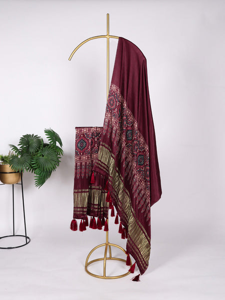 Maroon Color Digital Print And Lagadi Patta Gaji Silk Dupatta - women's fashion mart