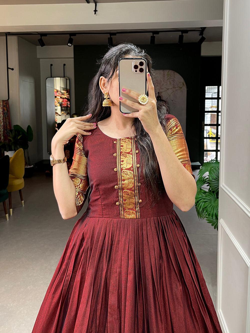 Maroon Color Zari Weaving Work Narayan Pet (Cotton) Dress -south indian dress Free Size women's fashion mart