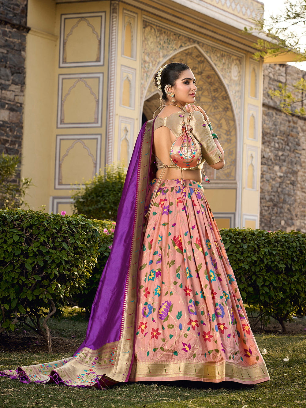 Peach Color Jacquard Silk (Paithani) Weaving Zari Work South Lehenga Choli - women's fashion mart