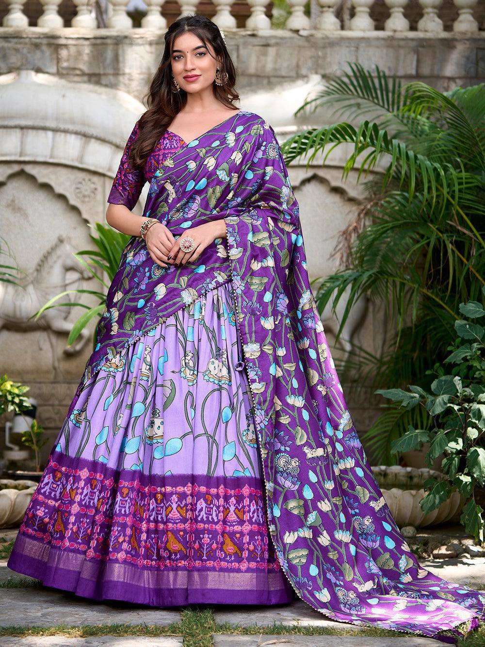 Lavender Color Pichwai With Patola Print And Zari Weaving Border Tussar Silk Lehenga Choli -south indian collection Unstitched / Semi-Stitched / Semi-Stitched women's fashion mart