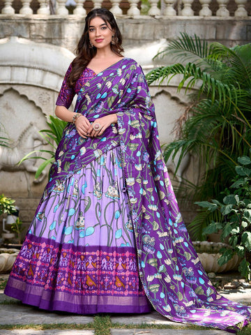 Lavender Color Pichwai With Patola Print And Zari Weaving Border Tussar Silk Lehenga Choli -south indian collection Unstitched / Semi-Stitched / Semi-Stitched women's fashion mart