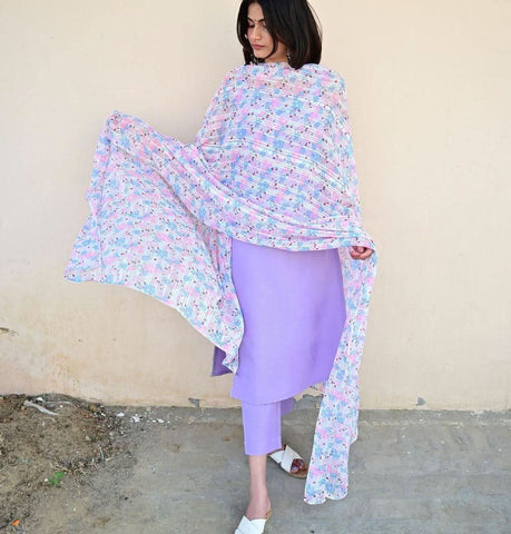 Lavender Colored Pure Maska Cotton Kurti Pant Set - women's fashion mart