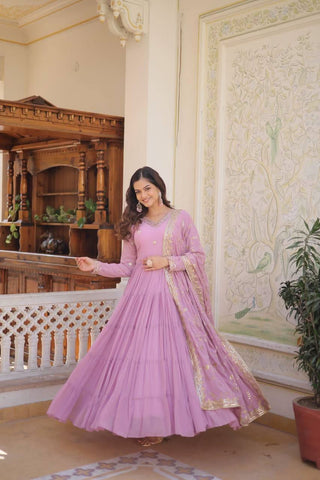 Lavender Georgette Embroidered Gown With dupatta -Gowns M / Lavender women's fashion mart