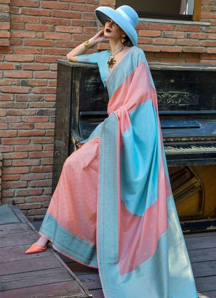Classic Light Blue-Peach Handloom Silk Trendy Saree -Saree Unstitched women's fashion mart