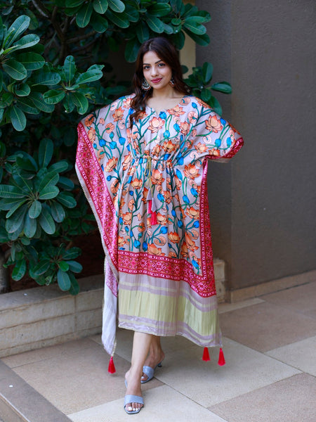 Pink Color Digital Printed Pure Gaji Silk Kaftan - women's fashion mart