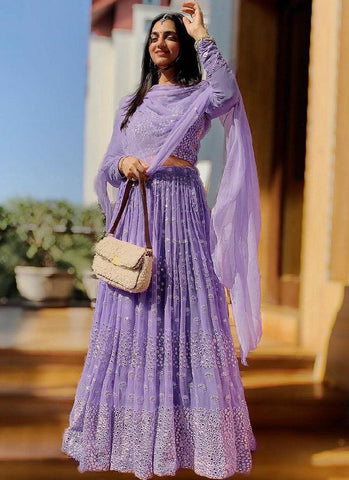 Lilac Color Georgette Base With Heavy Work Designer Flared Lehenga Choli - women's fashion mart