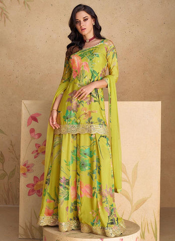 Lime Green Floral Sequins Embroidered Top Palazzo Suit - women's fashion mart