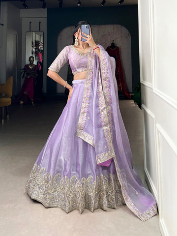 Lavender Color Sequins Embroidery Work Lace Border With Burberry Silk Wedding Lehenga Choli - women's fashion mart
