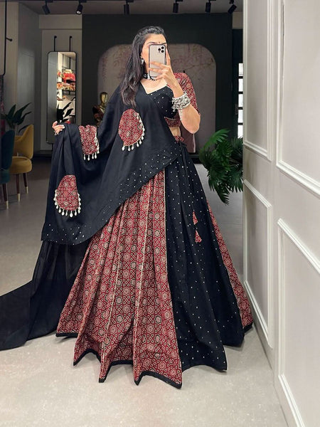 Maroon Black Printed Pure Cotton Mirror Lace Worked Lehenga Set -Lehenga Choli XS women's fashion mart