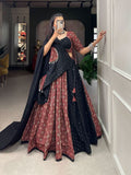 Maroon Black Printed Pure Cotton Mirror Lace Worked Lehenga Set -Lehenga Choli XS women's fashion mart