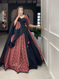 Maroon Black Printed Pure Cotton Mirror Lace Worked Lehenga Set -Lehenga Choli XS women's fashion mart