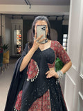 Maroon Black Printed Pure Cotton Mirror Lace Worked Lehenga Set -Lehenga Choli XS women's fashion mart