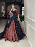 Maroon Black Printed Pure Cotton Mirror Lace Worked Lehenga Set -Lehenga Choli XS women's fashion mart