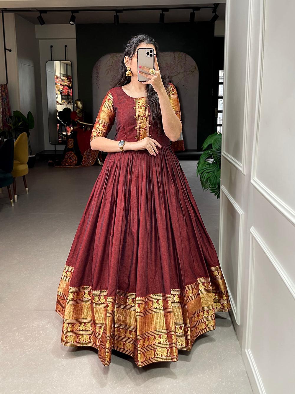 Maroon Color Zari Weaving Work Narayan Pet (Cotton) Dress -south indian dress Free Size women's fashion mart