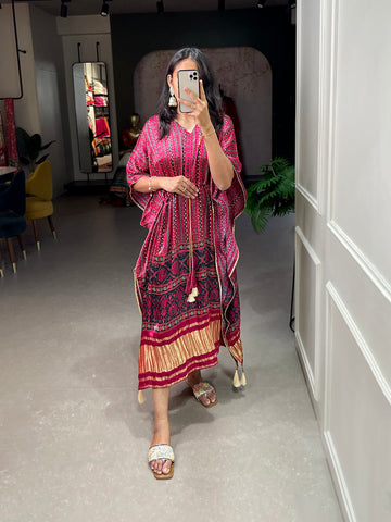 Maroon Color Digital Printed Gaji Silk Kaftan - women's fashion mart