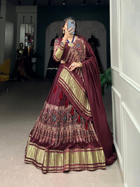 Maroon Color Digital Print With Lagadi Patta Gaji Silk Lehenga Choli - women's fashion mart