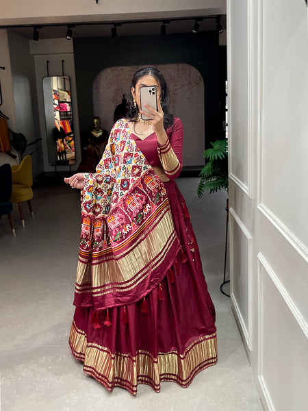 Maroon Color Dyeing With Lagdi Patta Gaji Silk Lehenga Choli - women's fashion mart