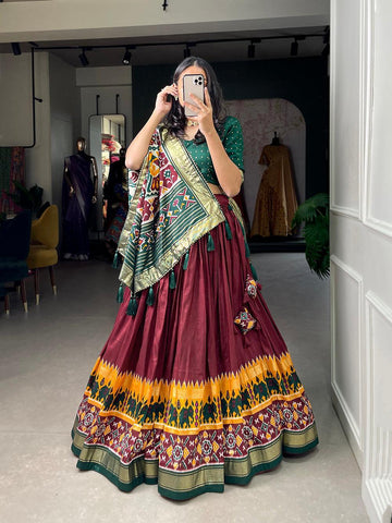 Maroon Color Gujrati Patola Print With Foil Work Tussar Silk Lehenga Choli -Hyderabad lehenga choli Unstitched / Semi-Stitched women's fashion mart