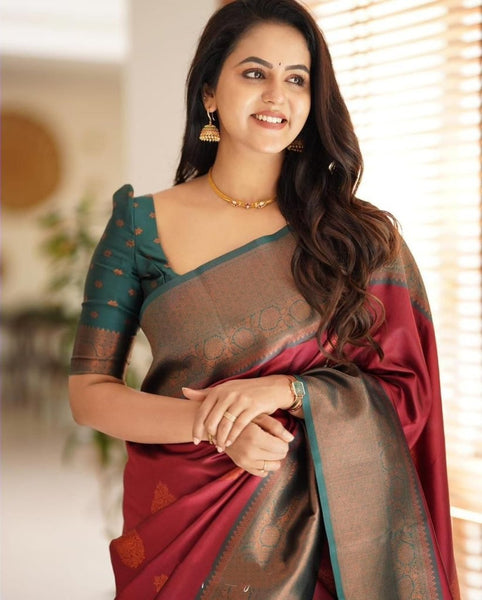 Maroon Colour Kanjivaram Woven Silk Saree With Blouse Piece - women's fashion mart