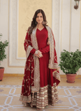 Maroon Faux Georgette Zari Sequins Worked Designer Gown - women's fashion mart