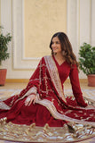 Maroon Faux Georgette Zari Sequins Worked Designer Gown - women's fashion mart