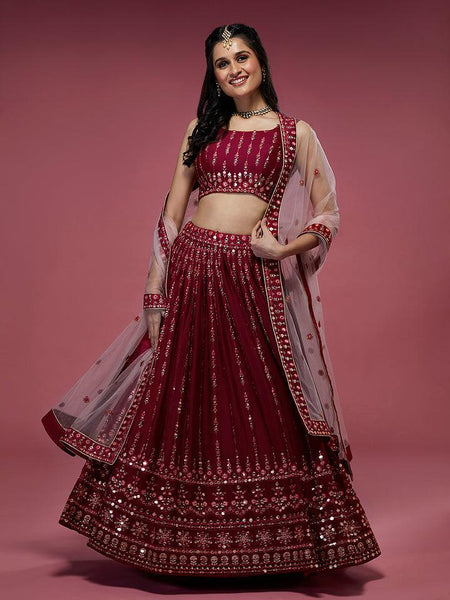Maroon Georgette Sequins Worked Lehenga Choli Set - women's fashion mart