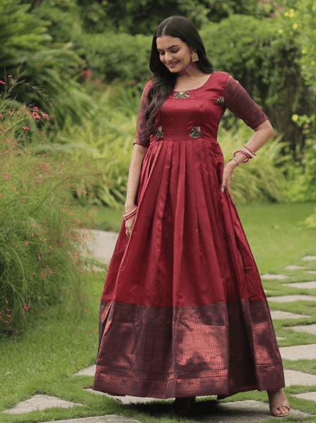 Maroon silk Printed Banarasi A-link Gown -Gowns M / Maroon women's fashion mart