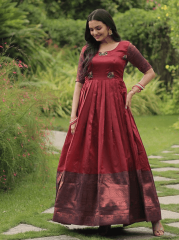 Maroon silk Printed Banarasi A-link Gown -Gowns M / Maroon women's fashion mart