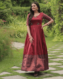 Maroon silk Printed Banarasi A-link Designer Gown - women's fashion mart