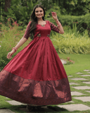 Maroon silk Printed Banarasi A-link Designer Gown - women's fashion mart