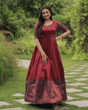 Maroon silk Printed Banarasi A-link Gown -Gowns M / Maroon women's fashion mart
