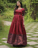 Maroon silk Printed Banarasi A-link Designer Gown - women's fashion mart