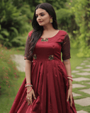 Maroon silk Printed Banarasi A-link Designer Gown - women's fashion mart