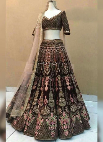 Maroon Stoork Zari and Velvet Lehenga Choli -Lehenga Choli Semi Stitched women's fashion mart